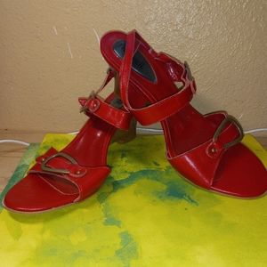 FITZWELL Womens  size 8.5" Red leather  Strappy antique Brass buckle wedge Heels